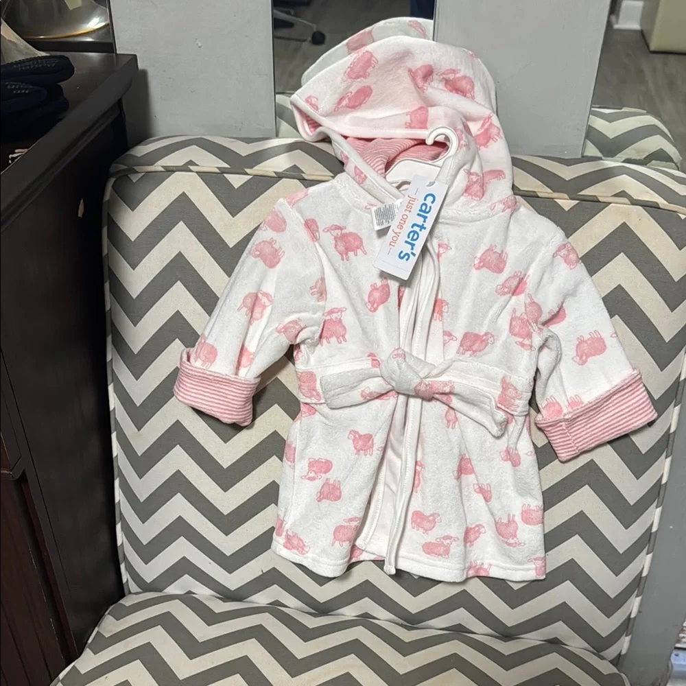 Carter's White and Pink Elephant Hooded Baby Bathrobe